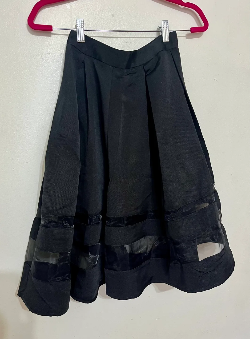 Express Black Pleated Midi Skirt with Sheer Overlay Size 2 thumbnail