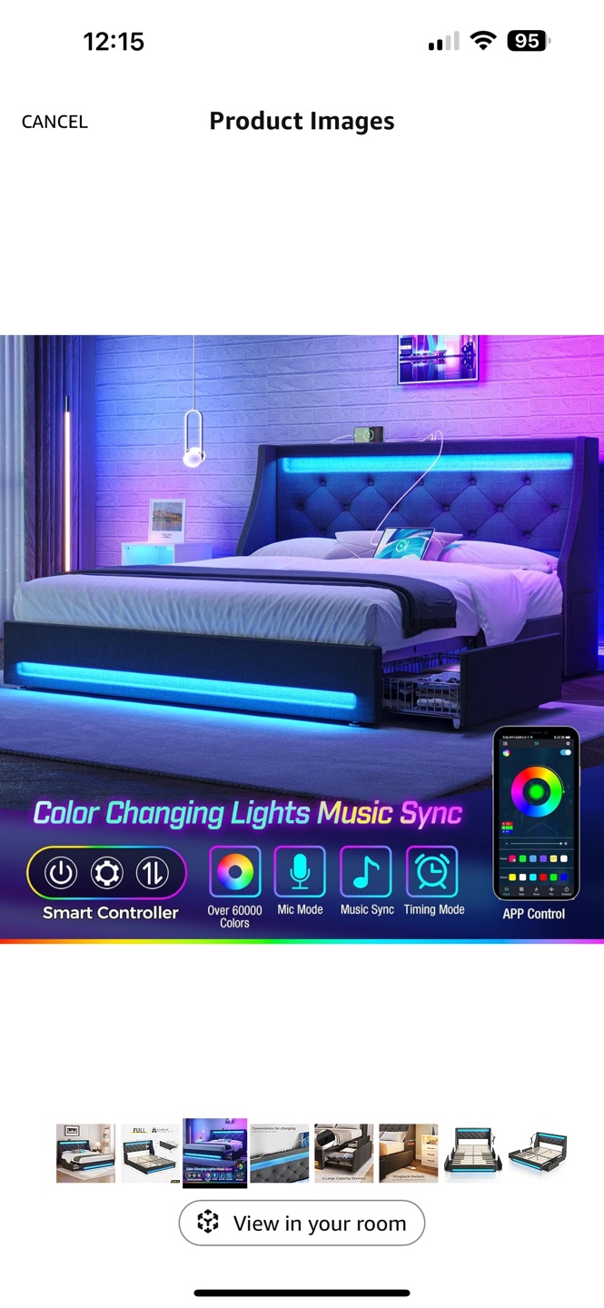 Full Size LED Bed Frame with USB & Type-C Charging, 4 Drawers - photo 3