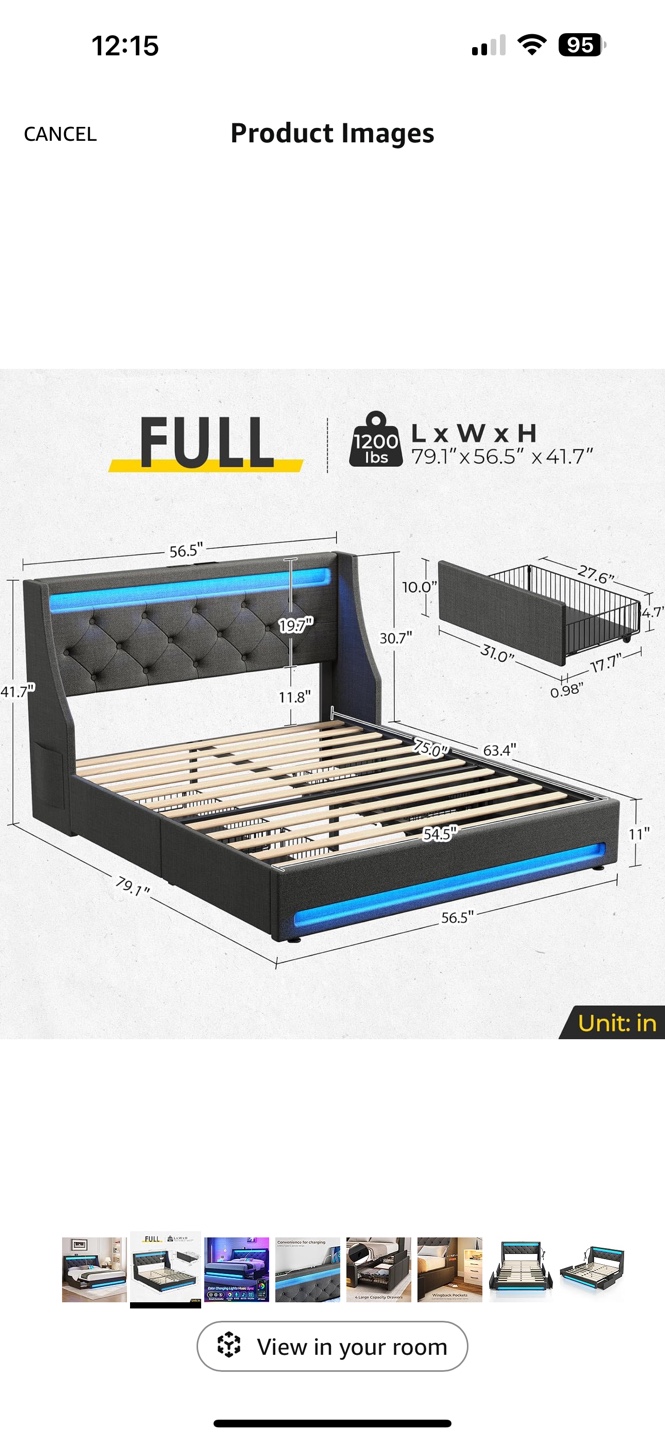 Full Size LED Bed Frame with USB & Type-C Charging, 4 Drawers - photo 2