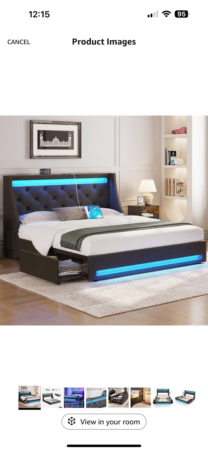 Full Size LED Bed Frame with USB & Type-C Charging, 4 Drawers