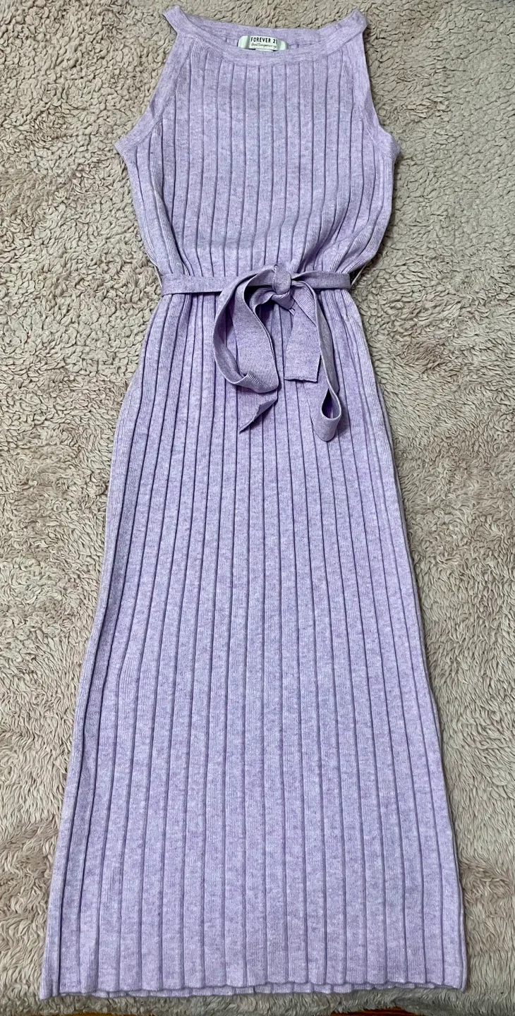 Lavender Ribbed Knit Midi Dress with Belt thumbnail