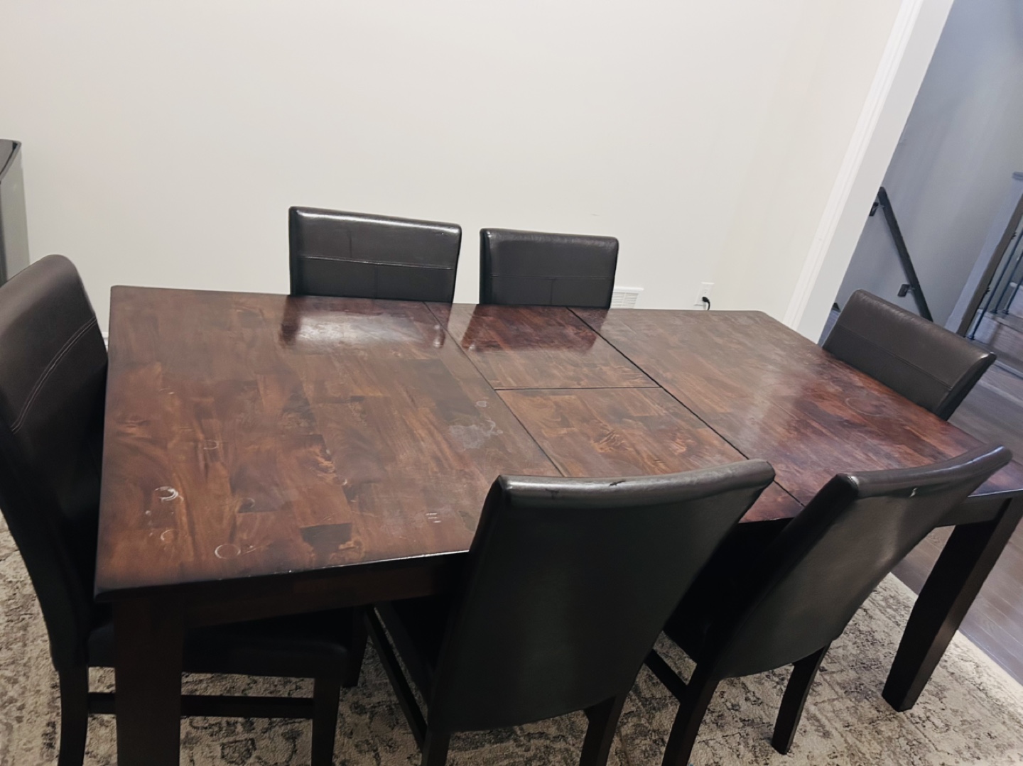 Dark Brown Wood Dining Table with Six Faux Leather Chairs - photo 3