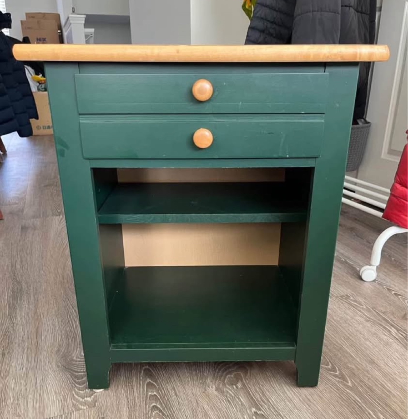 Green Wooden Nightstand with Two Drawers and Shelf