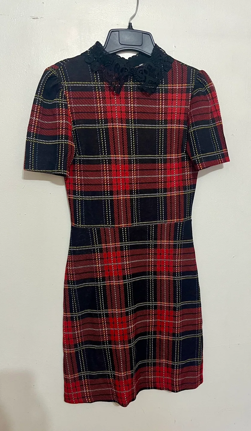 Red and Black Plaid Mini Dress with Lace Collar thumbnail