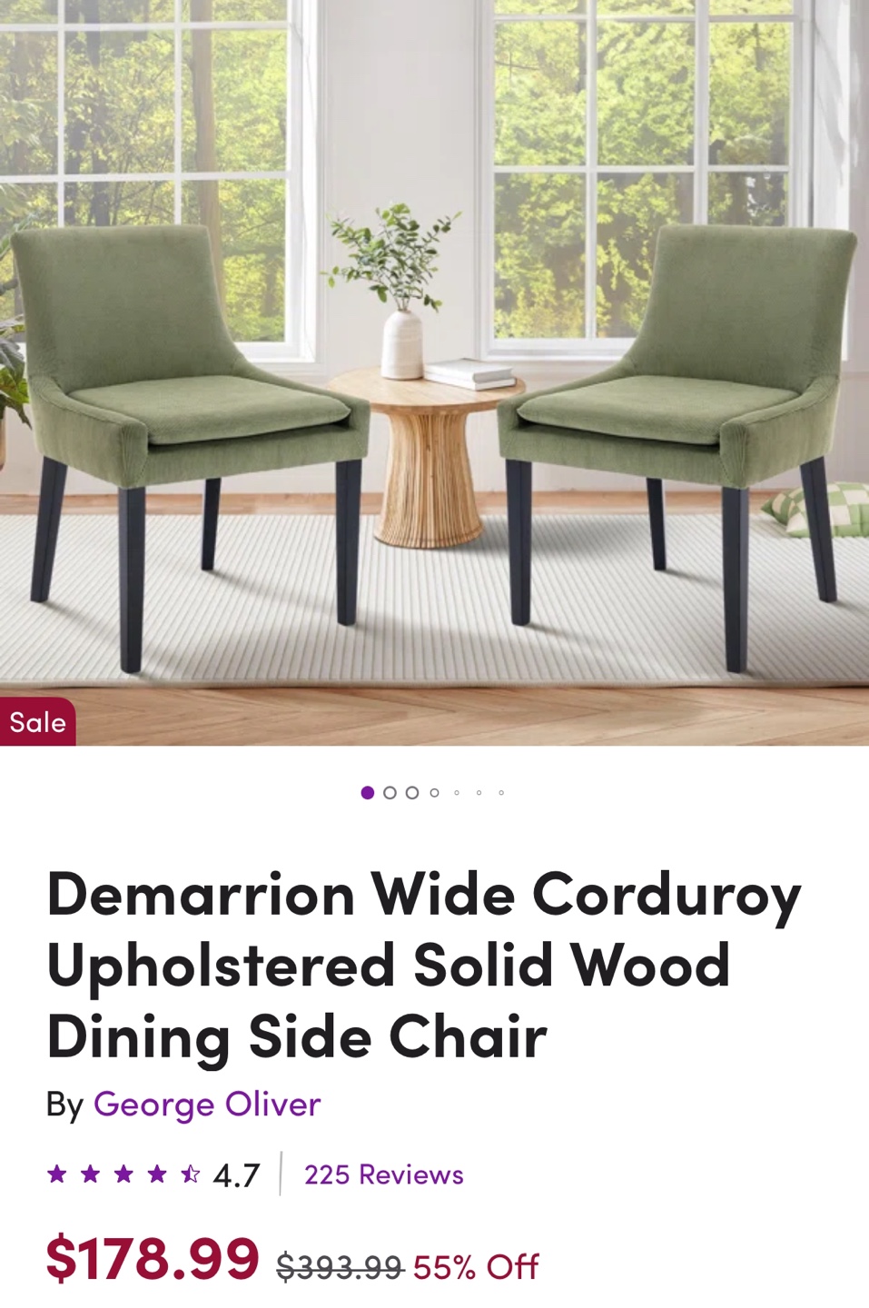 UNOPENED BOX - Set 2 Green Upholstered dining Chairs