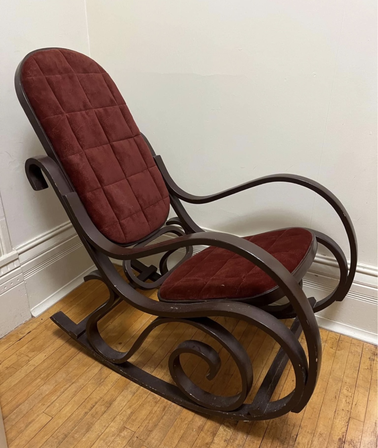 Vintage Wooden Rocking Chair with Maroon Velvet Cushions - photo 2