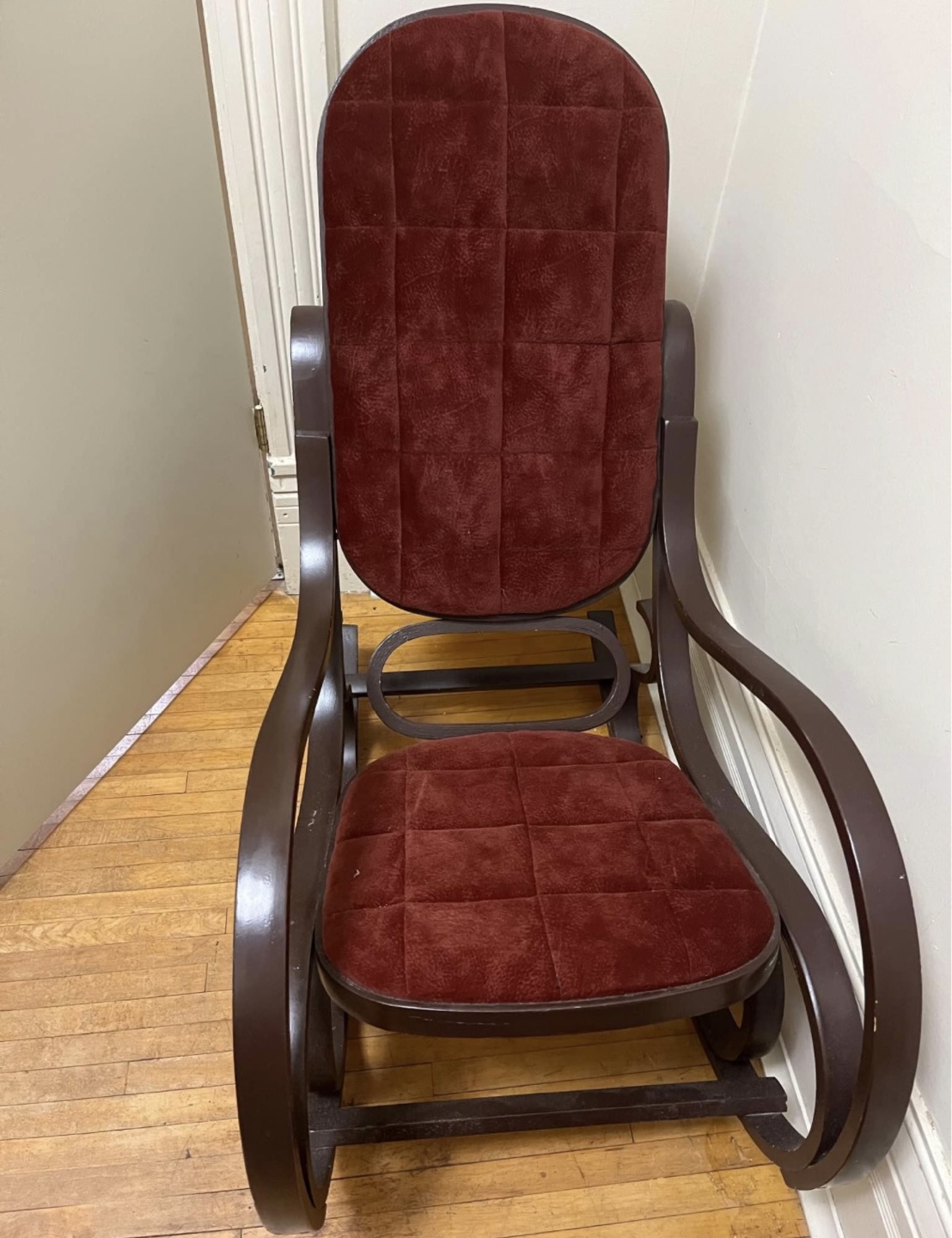 Vintage Wooden Rocking Chair with Maroon Velvet Cushions