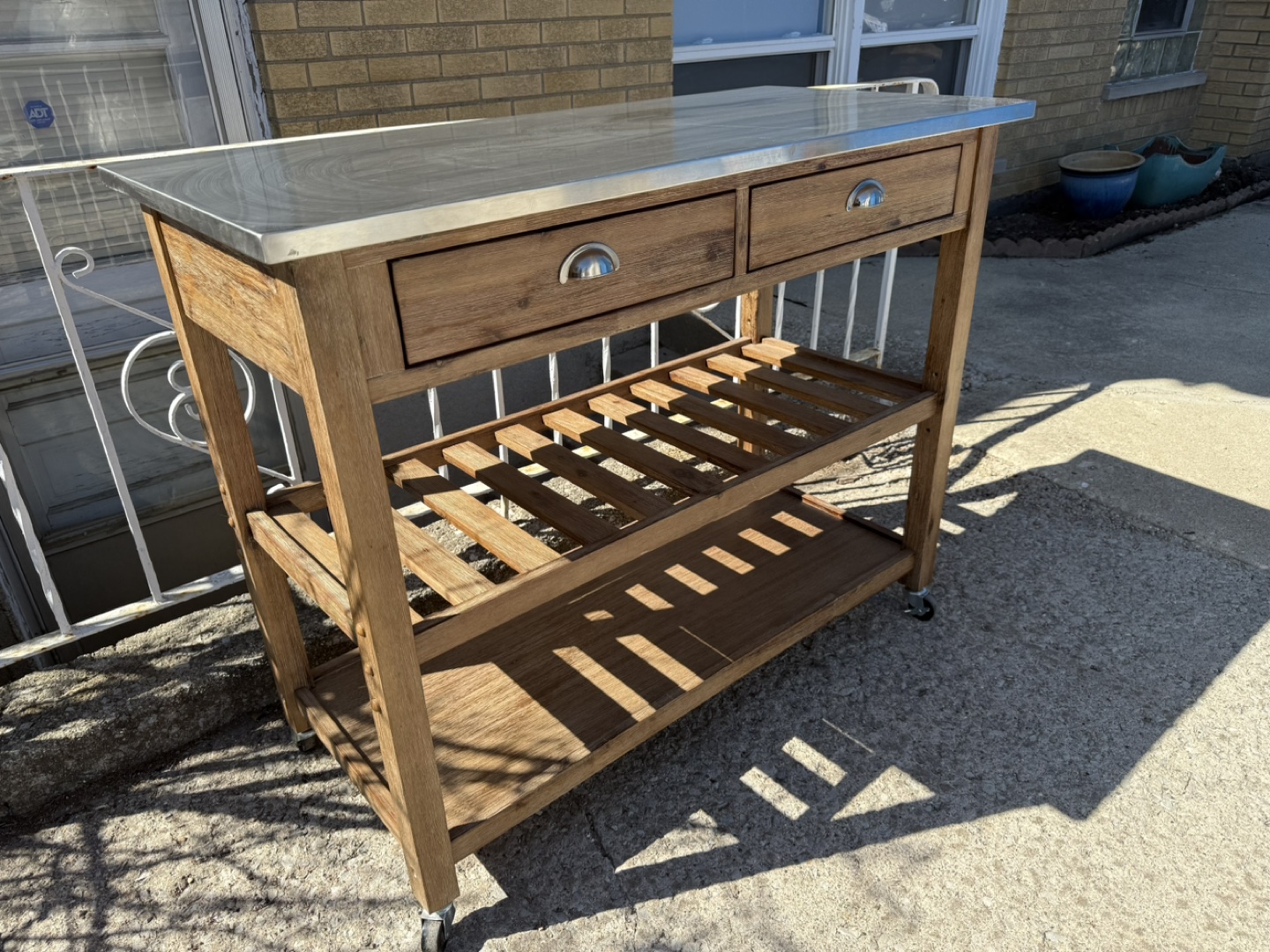 Rustic Wooden Kitchen Island Cart with Metal Top
