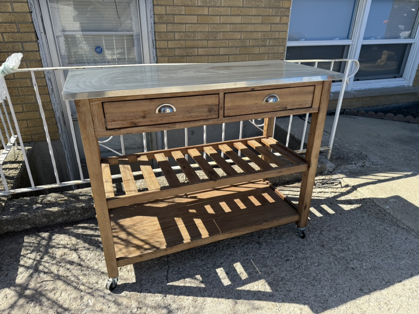 Rustic Wooden Kitchen Island Cart with Metal Top - photo 2