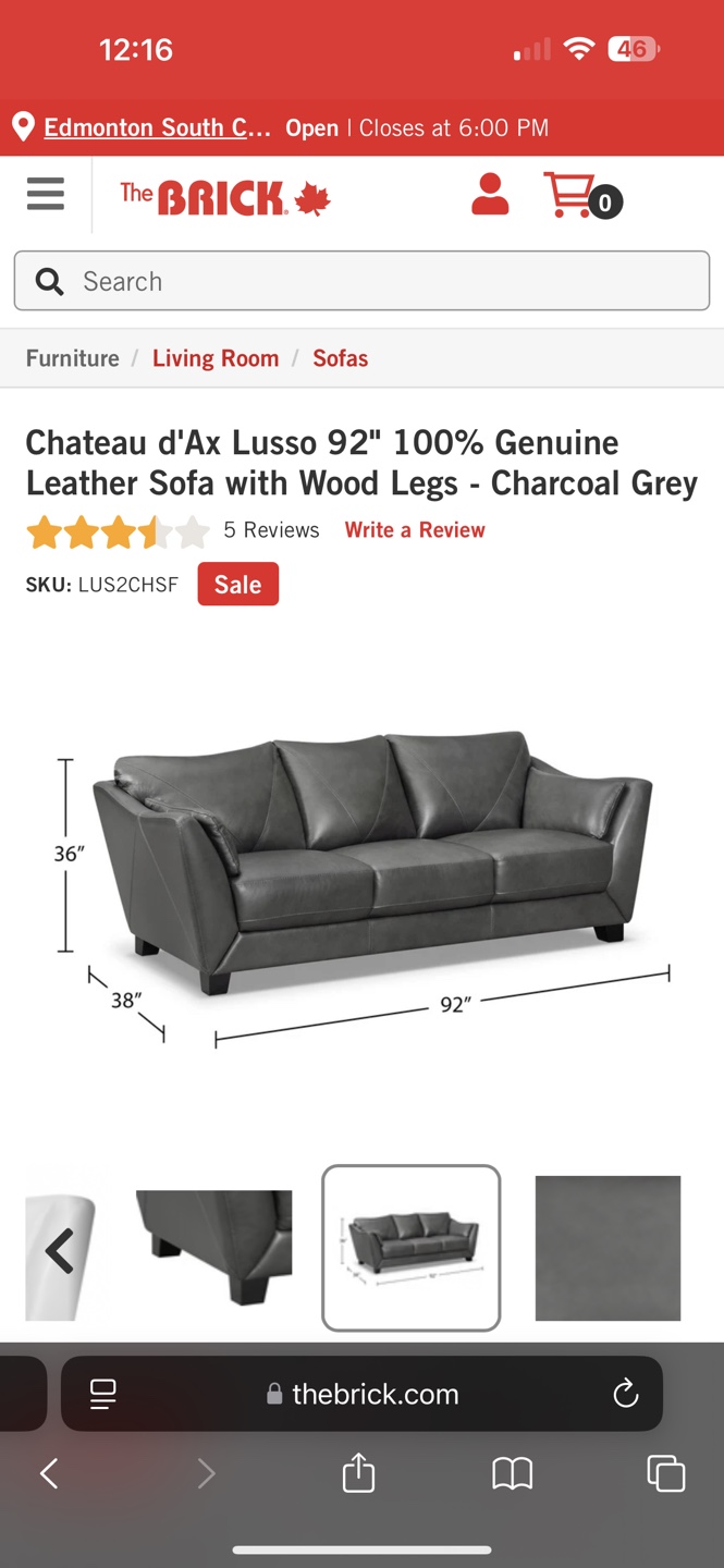 92" General Leather Sofa - Charcoal Grey - photo 5