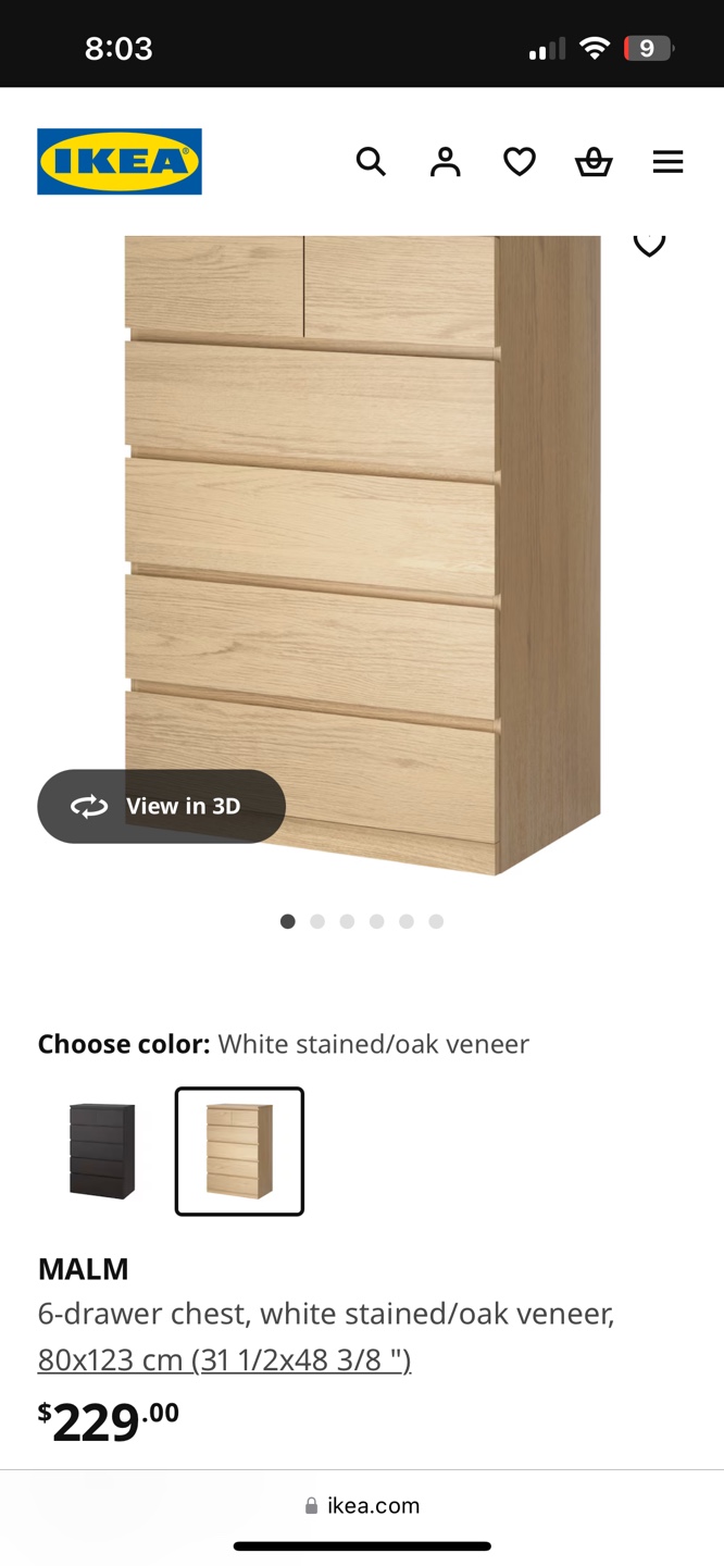 IKEA MALM 6-drawer Chest - White Stained/Oak Veneer