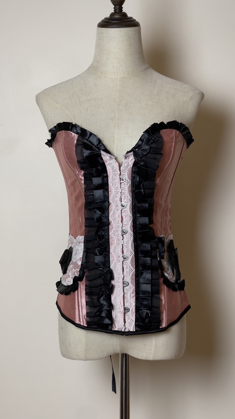 Pink and Black Satin Corset with Lace Detail