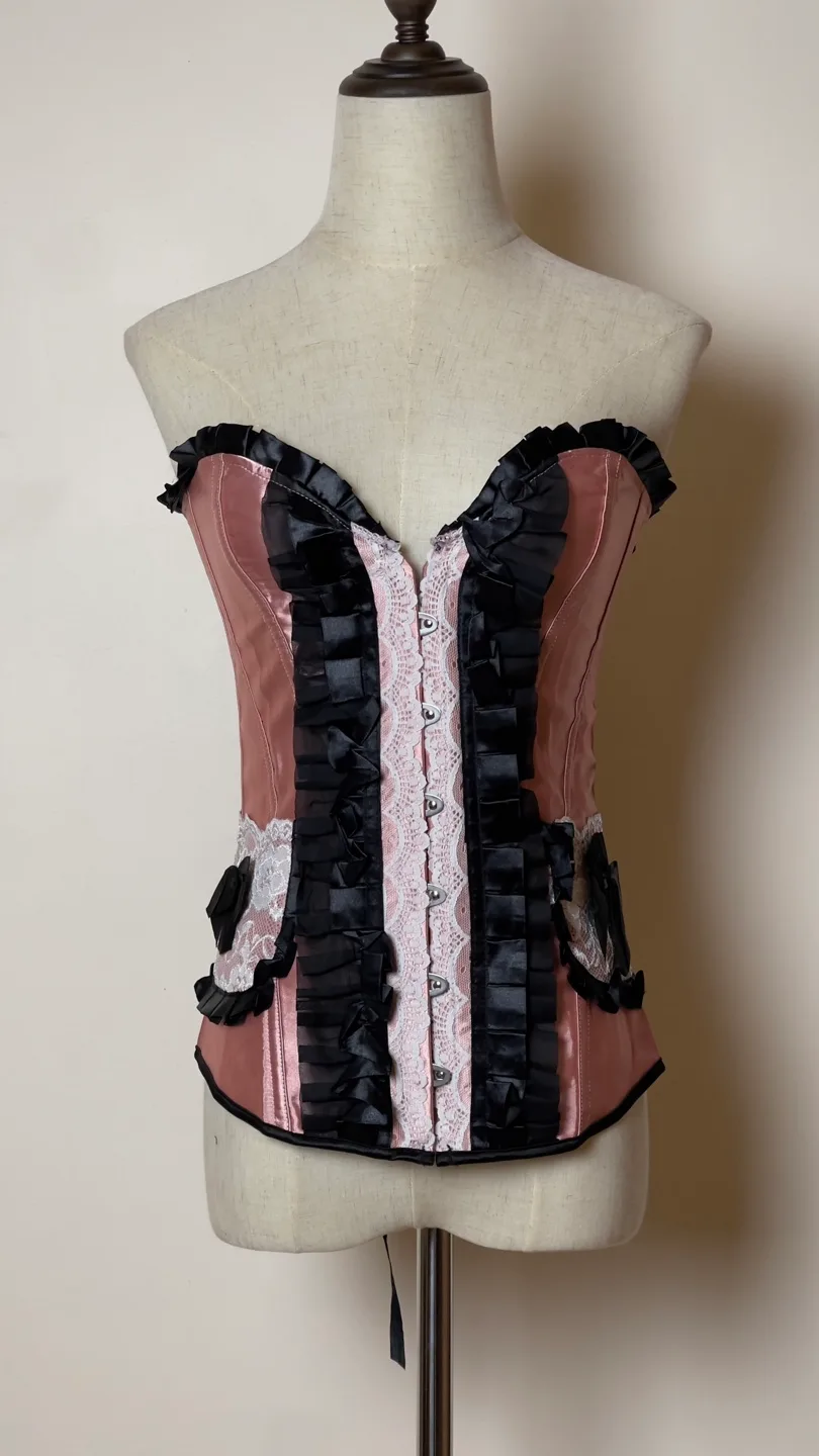 Pink and Black Satin Corset with Lace Detail thumbnail