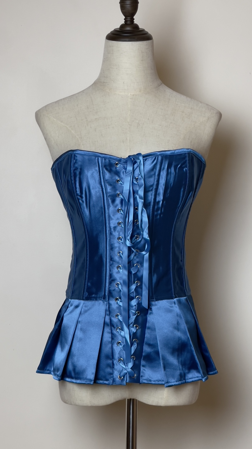Blue Satin Corset with Lace-up Back