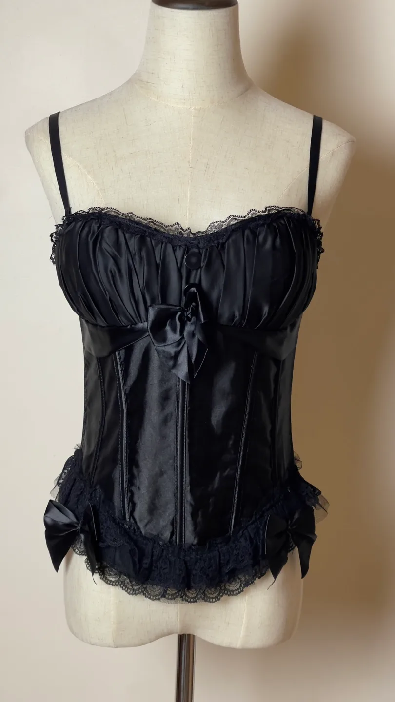 Black Satin Corset with Lace Trim image indicator(2)