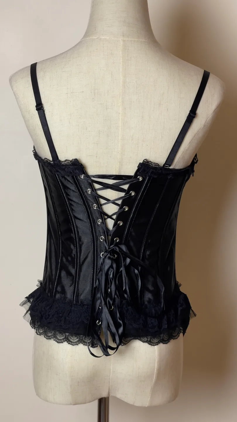 Black Satin Corset with Lace Trim image indicator(3)