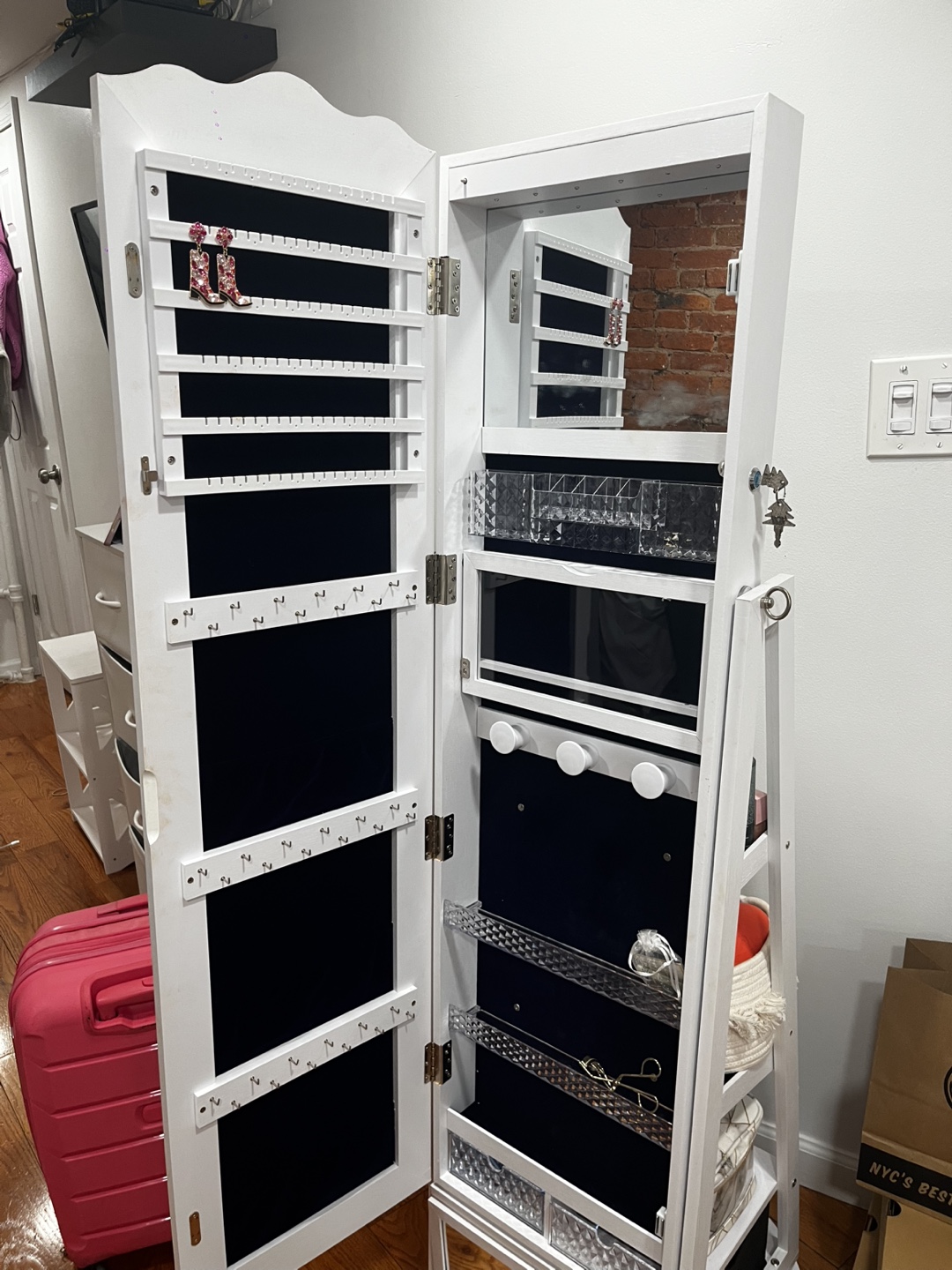 White Freestanding Jewelry Armoire with Mirror