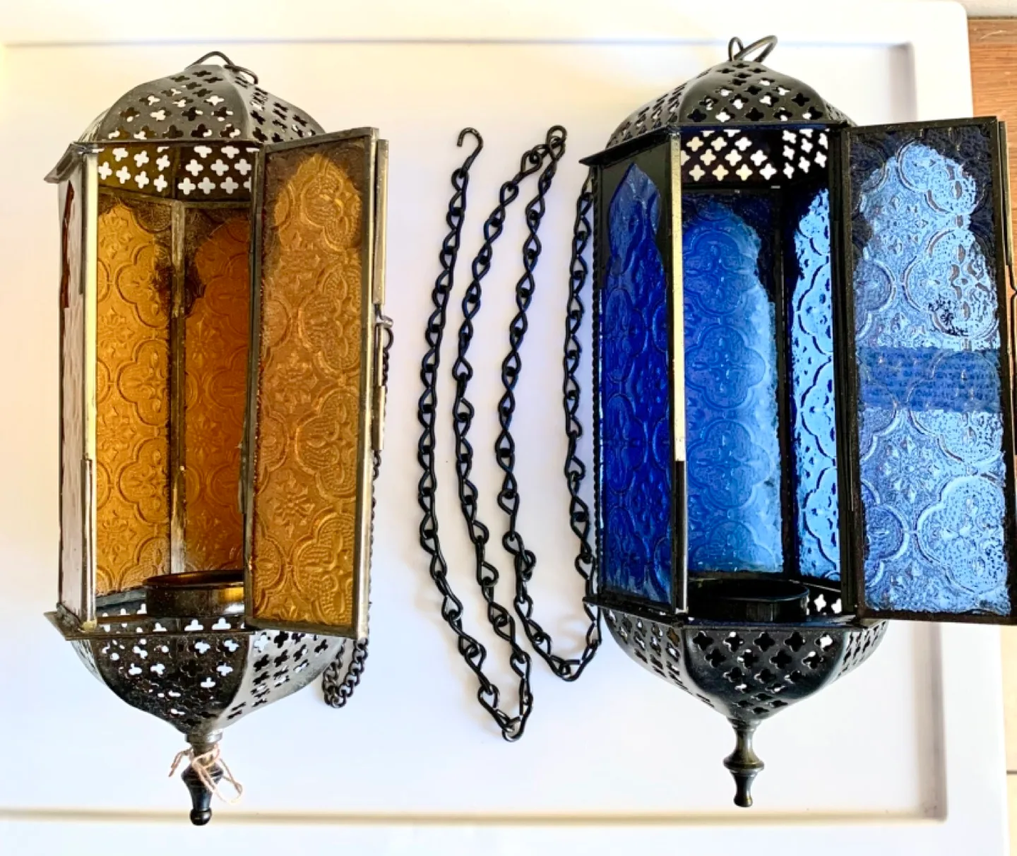 Moroccan Tealight Hanging Lanterns - Amber & Blue image indicator(2)