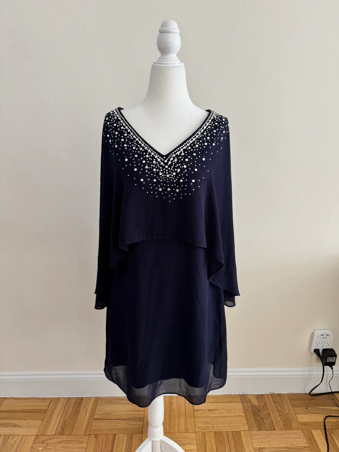 Vince Camuto Navy Beaded Chiffon Dress | Size 8 image indicator(3)