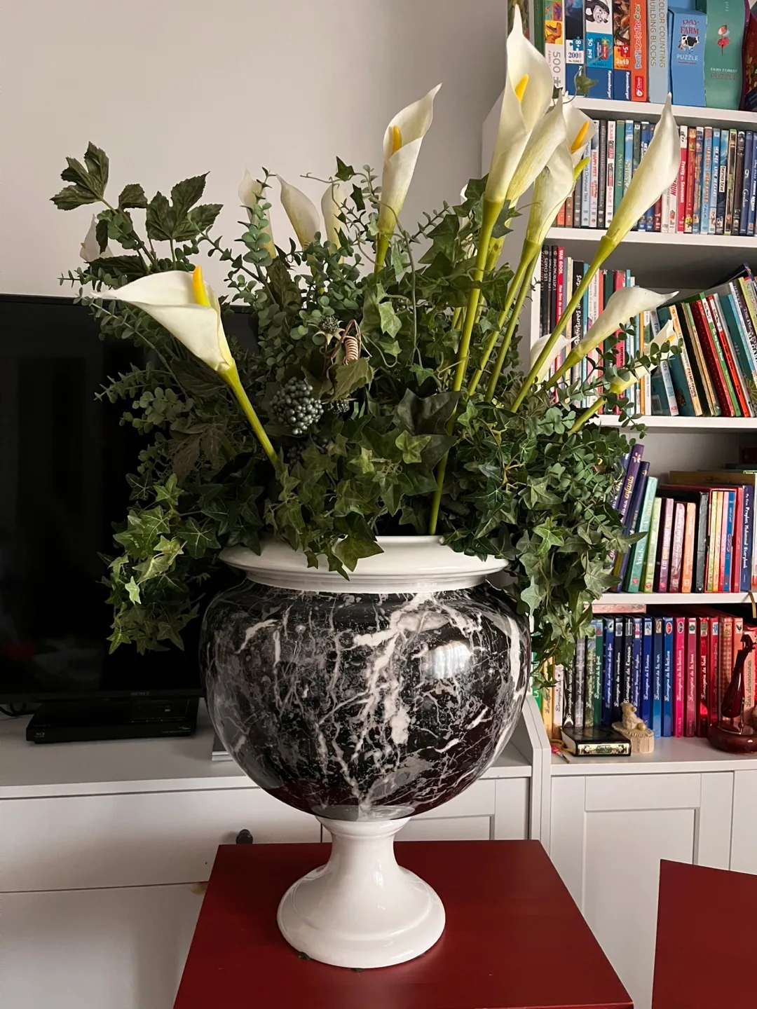 Large Marble-Look Planter with Artificial Flowers thumbnail