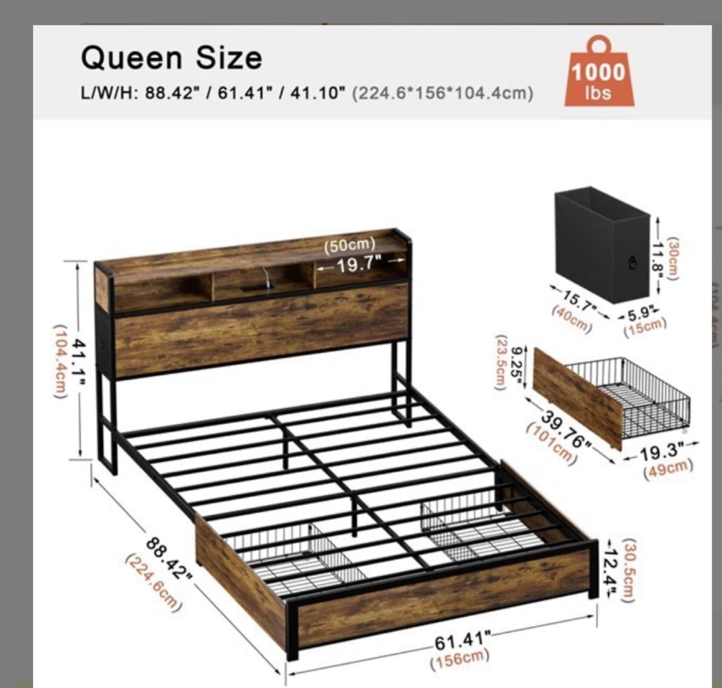 Queen Size Bed Frame with Storage Drawers and Headboard Shelves - photo 2