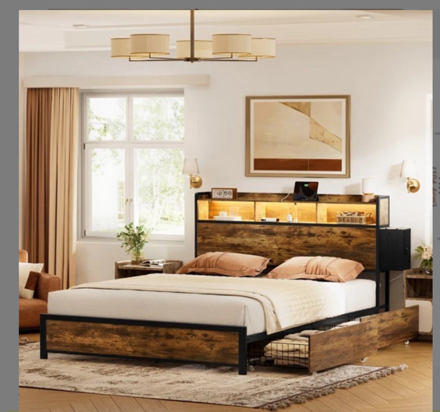 Queen Size Bed Frame with Storage Drawers and Headboard Shelves