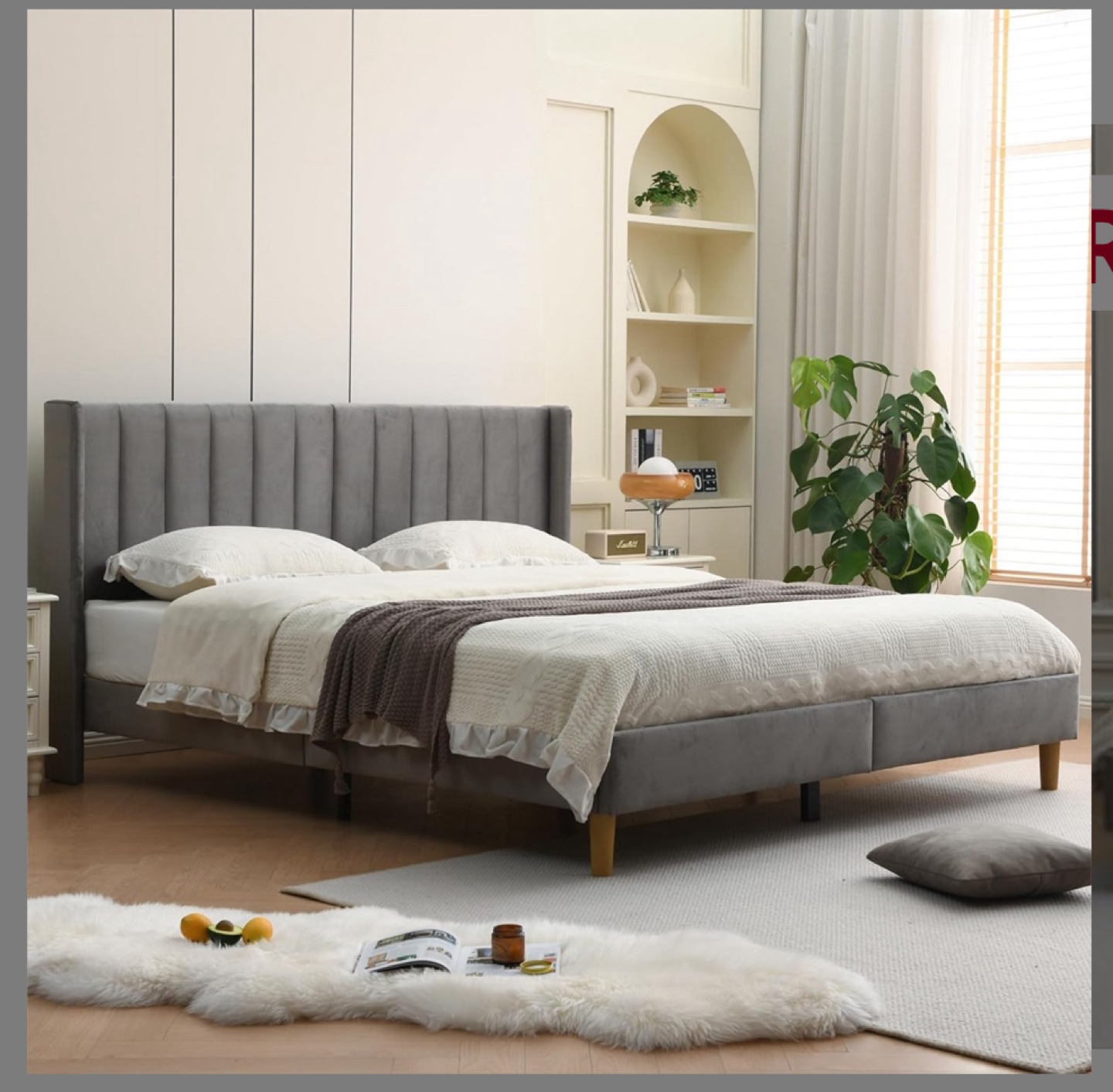 Amehome Grey Velvet Queen Size Platform Bed Frame