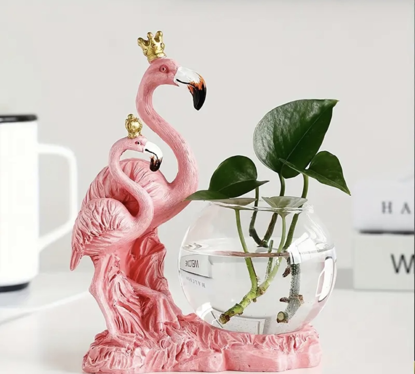 Pink Flamingo Planter with Glass Bowl