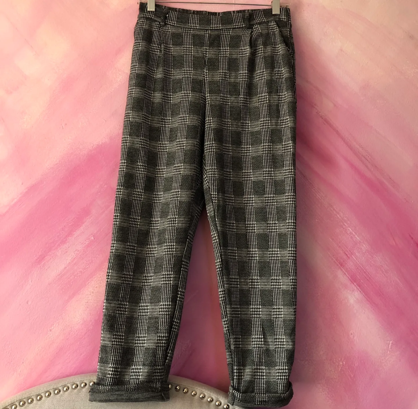 Gray and White Plaid Pant Leggings - Size S thumbnail