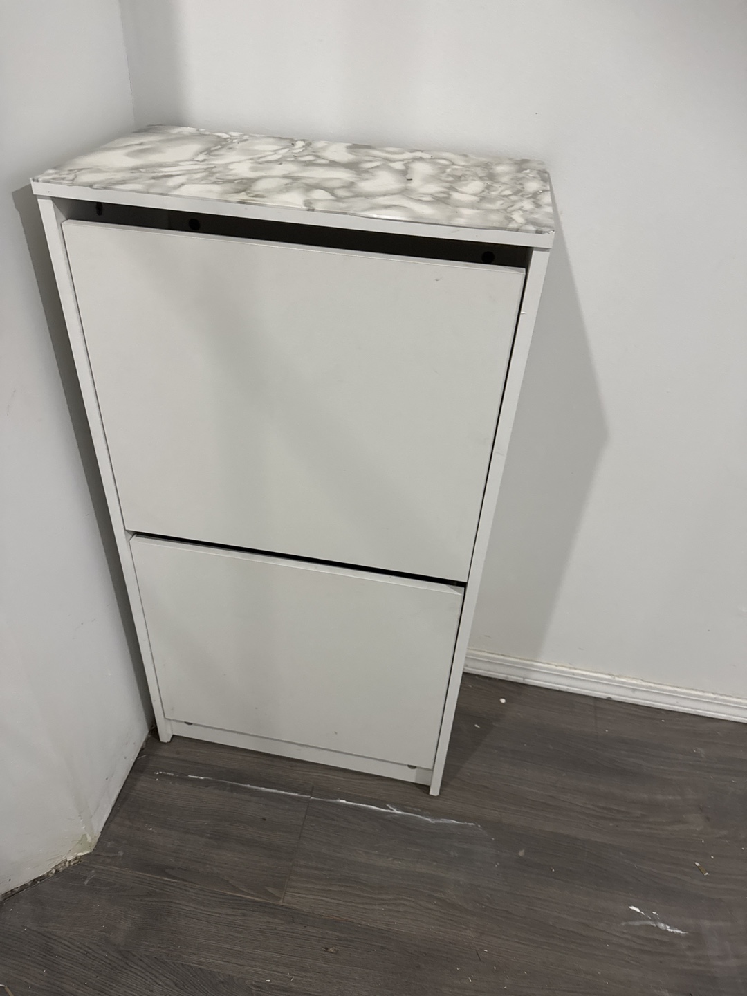 White Two-Tier Shoe Cabinet with Marble Top