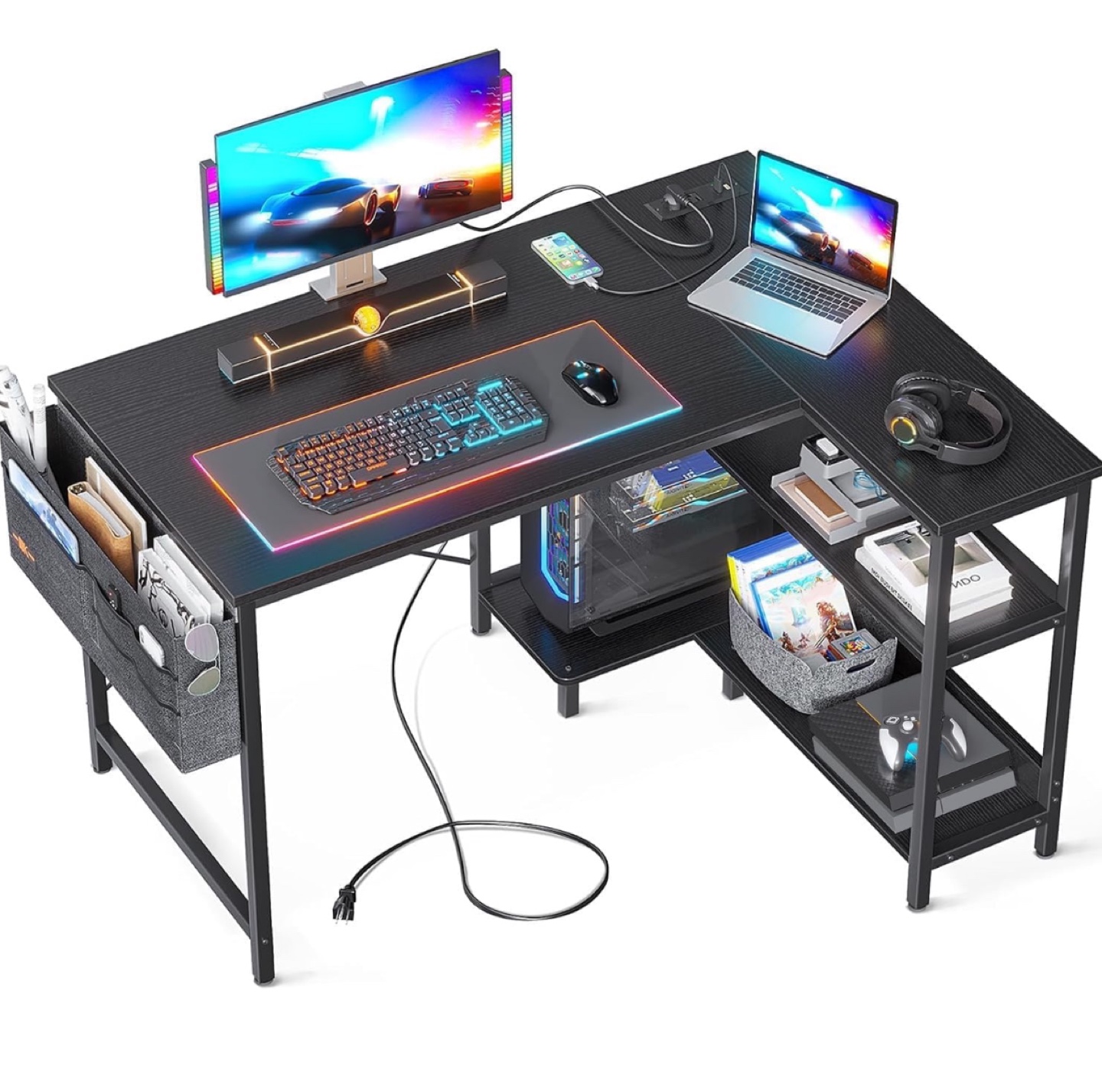 New L Shaped Gaming Computer Desk with Power Outlets