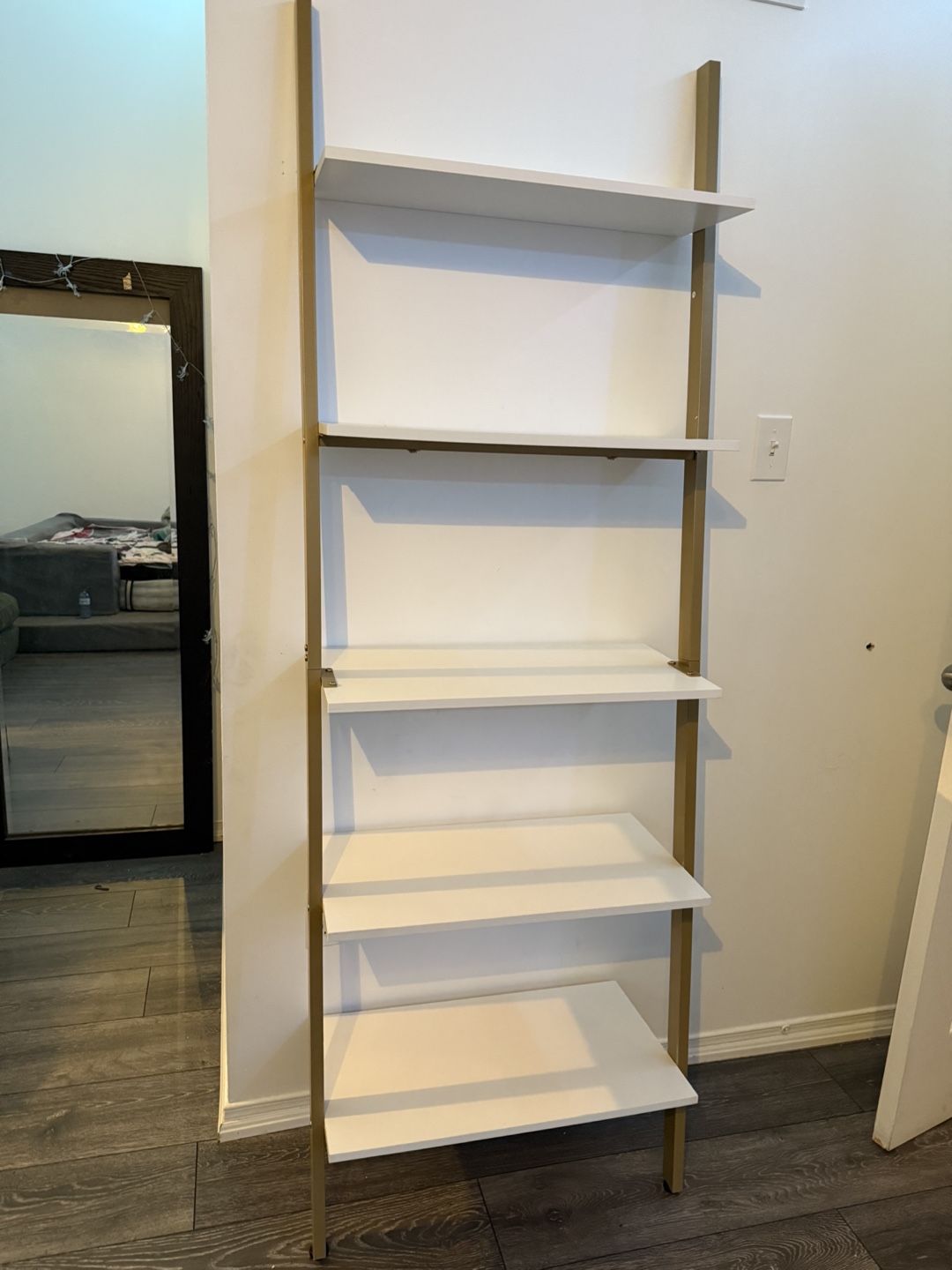 Five-Shelf Gold and White Ladder Bookshelf