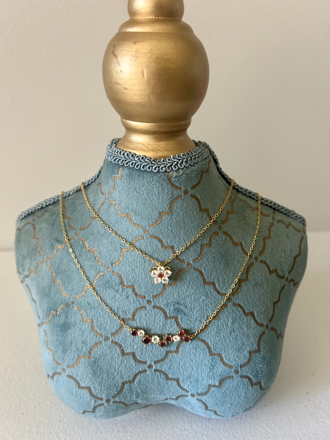 Dainty Gold Layered Necklace Set with Red and Clear Stones