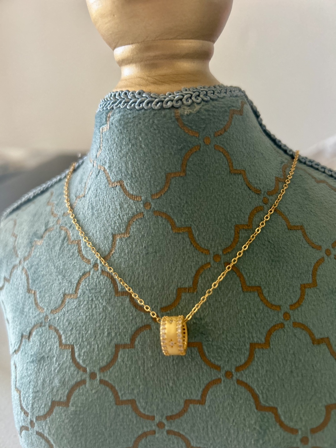 Gold Plated Tone Cylinder Necklace with Clear Stones