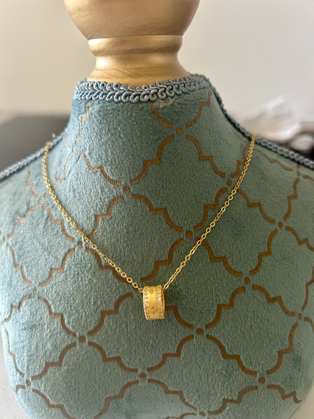 Gold Plated Tone Cylinder Necklace with Clear Stones - photo 2