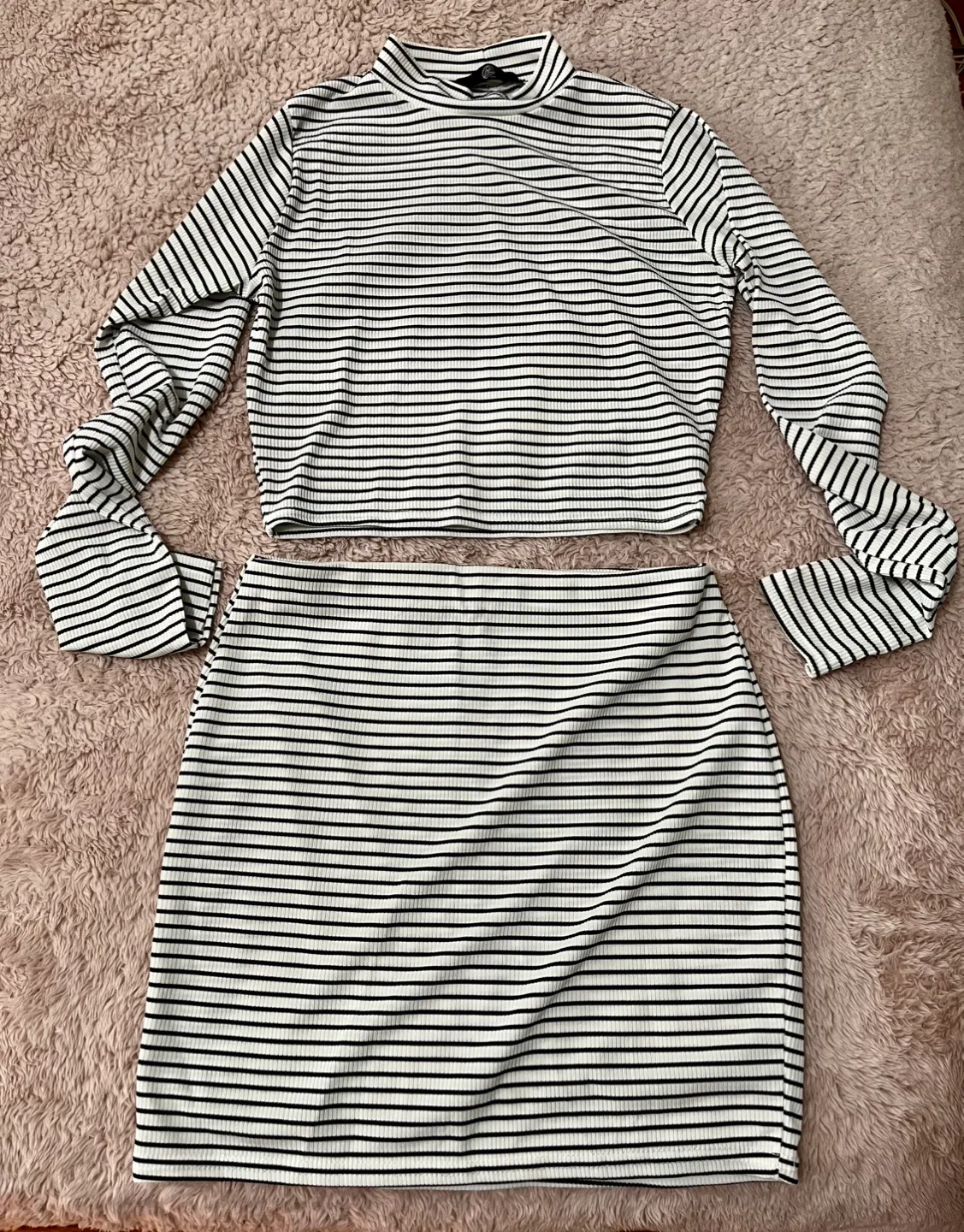 Missguided Black & White Striped Knit Crop Top and Skirt Set thumbnail