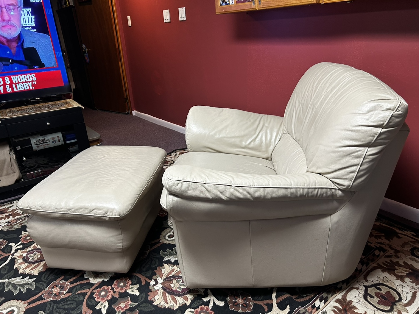 Off-White Leather Recliner Chair and Ottoman Set