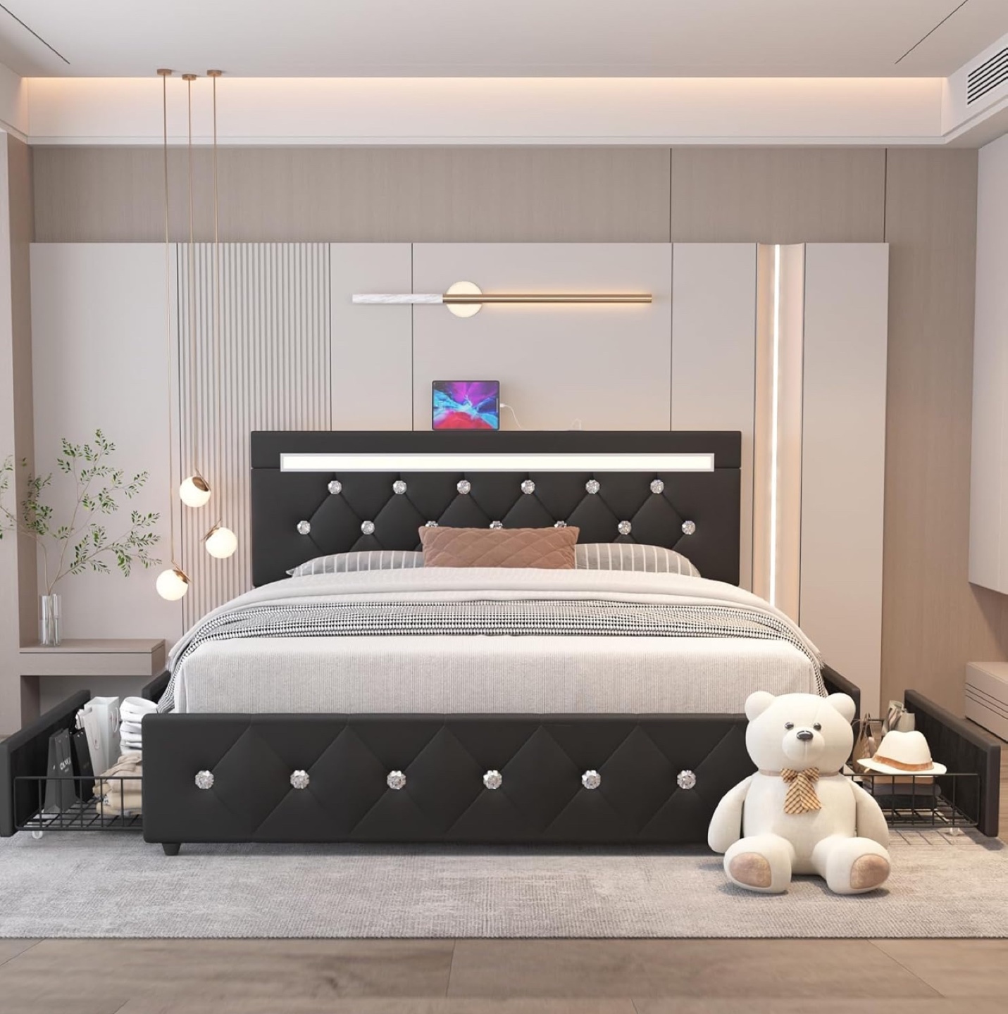 Black Velvet Queen Bed with LED Headboard and drawers