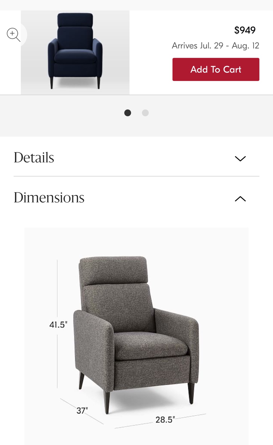 West Elm Lewis Ink Blue recliner - photo 3