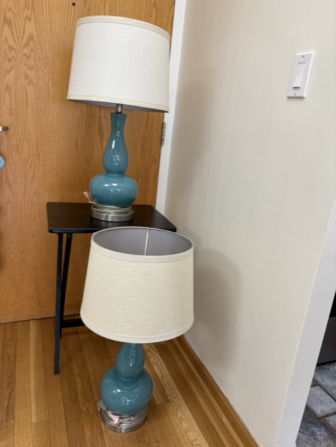 Pair of Teal Ceramic Table Lamps with Cream Shades - photo 3