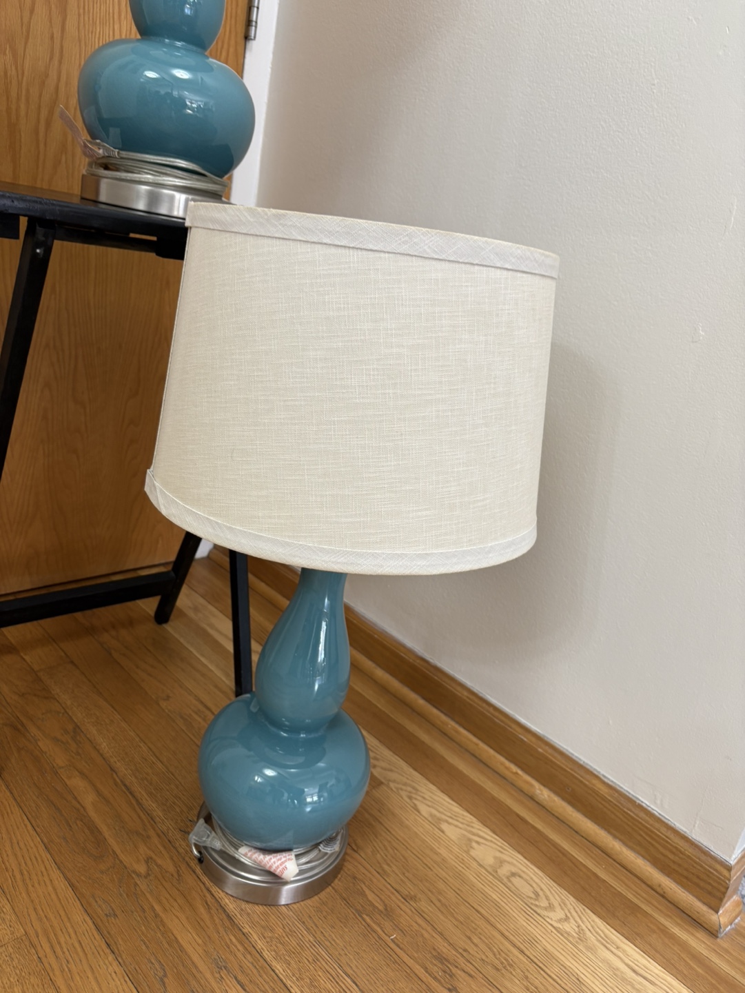 Pair of Teal Ceramic Table Lamps with Cream Shades