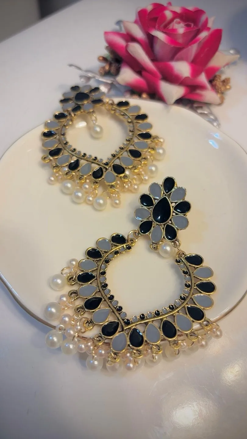 Elegant Black and Grey Jhumka Earrings with Pearls image indicator(2)