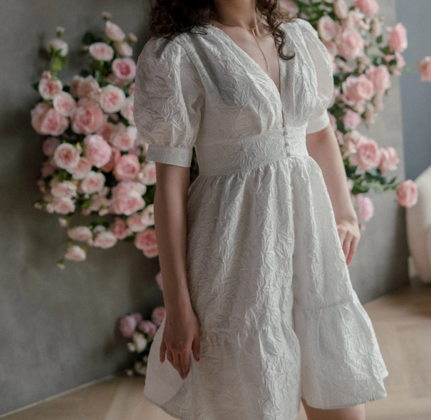 White Embroidered Puff Sleeve Mini Dress - photo 2