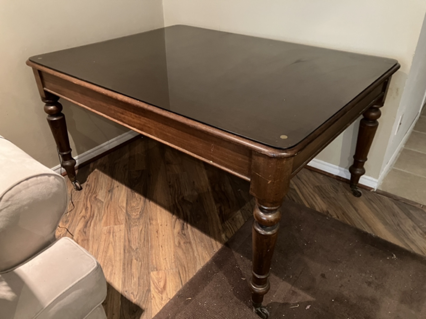 Antique Wood Table with Glass Top