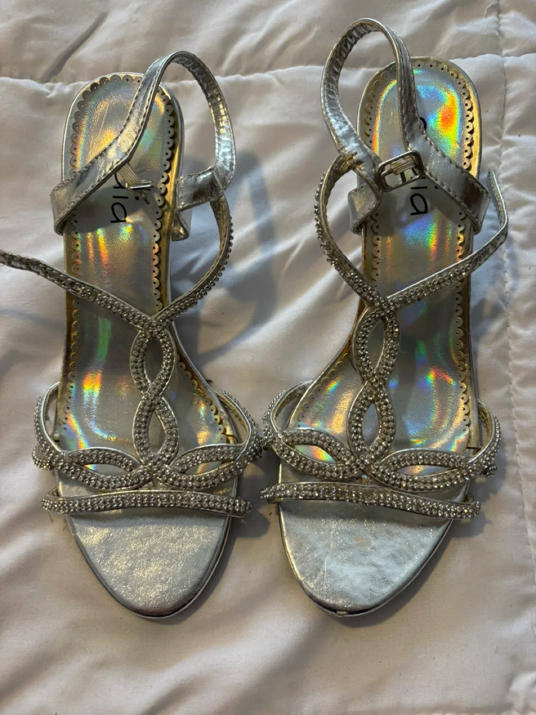 Silver Rhinestone Kitten Heel Sandals - Size 36 thumbnail