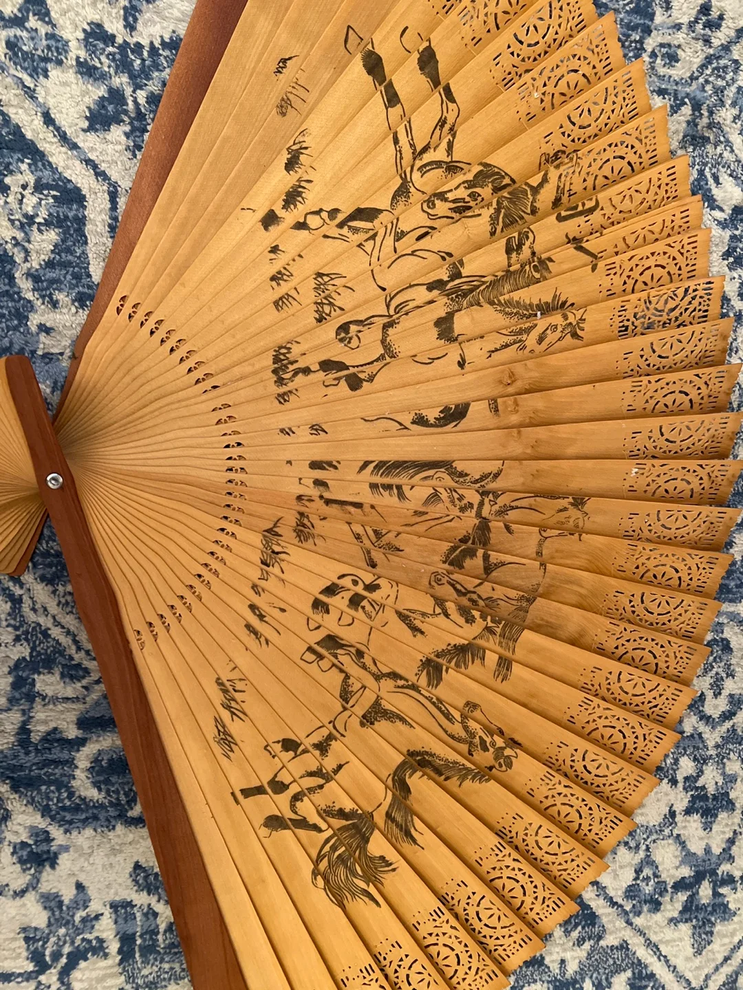 Vintage Wooden Hand Fan with Horse Design 22” x 38” wall decor image indicator(2)