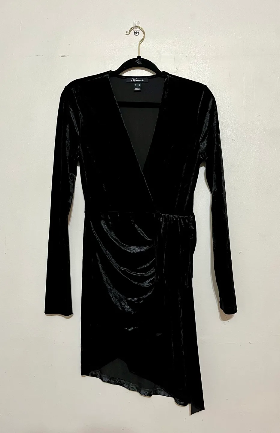 Black Crushed Velvet Wrap Mini Dress Small thumbnail