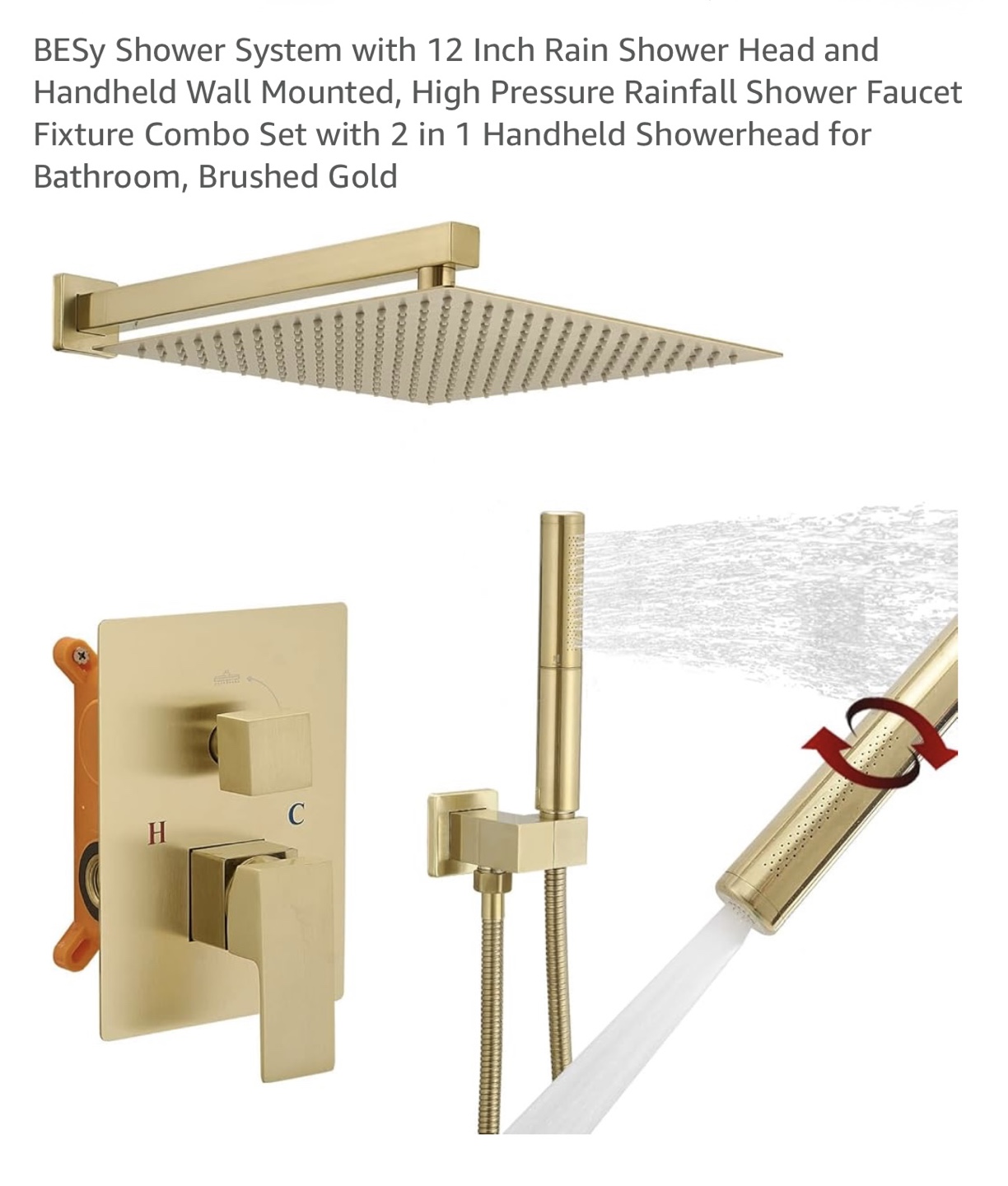 NEW BESy Gold Shower System - 12 Inch Rainfall Shower Head