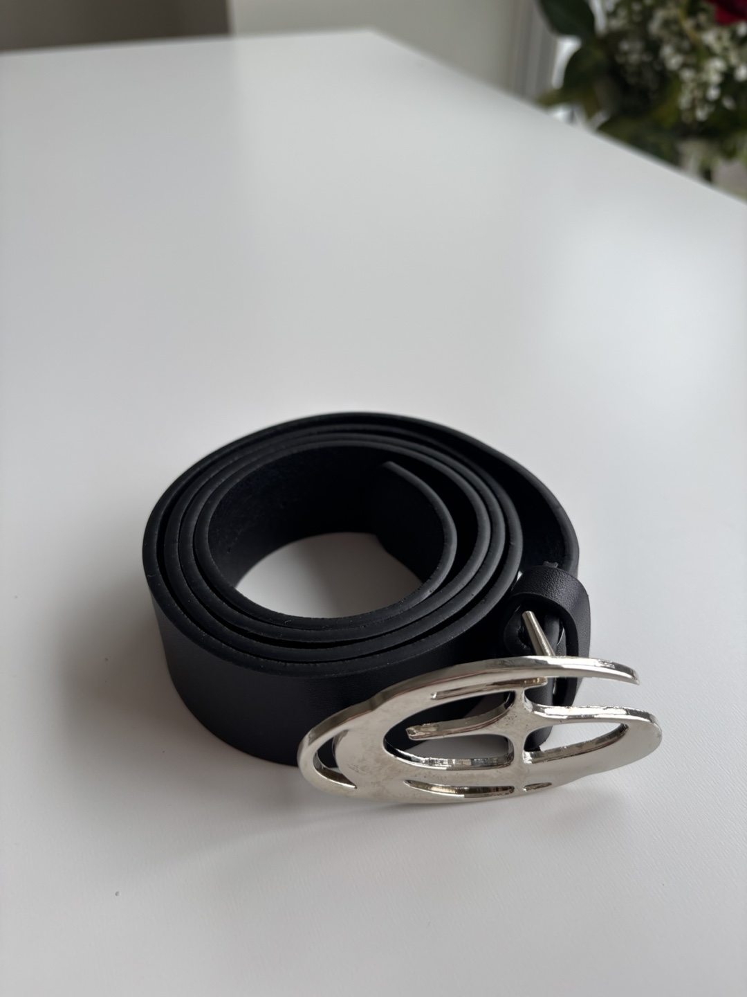 Black Leather Belt with Unique Buckle