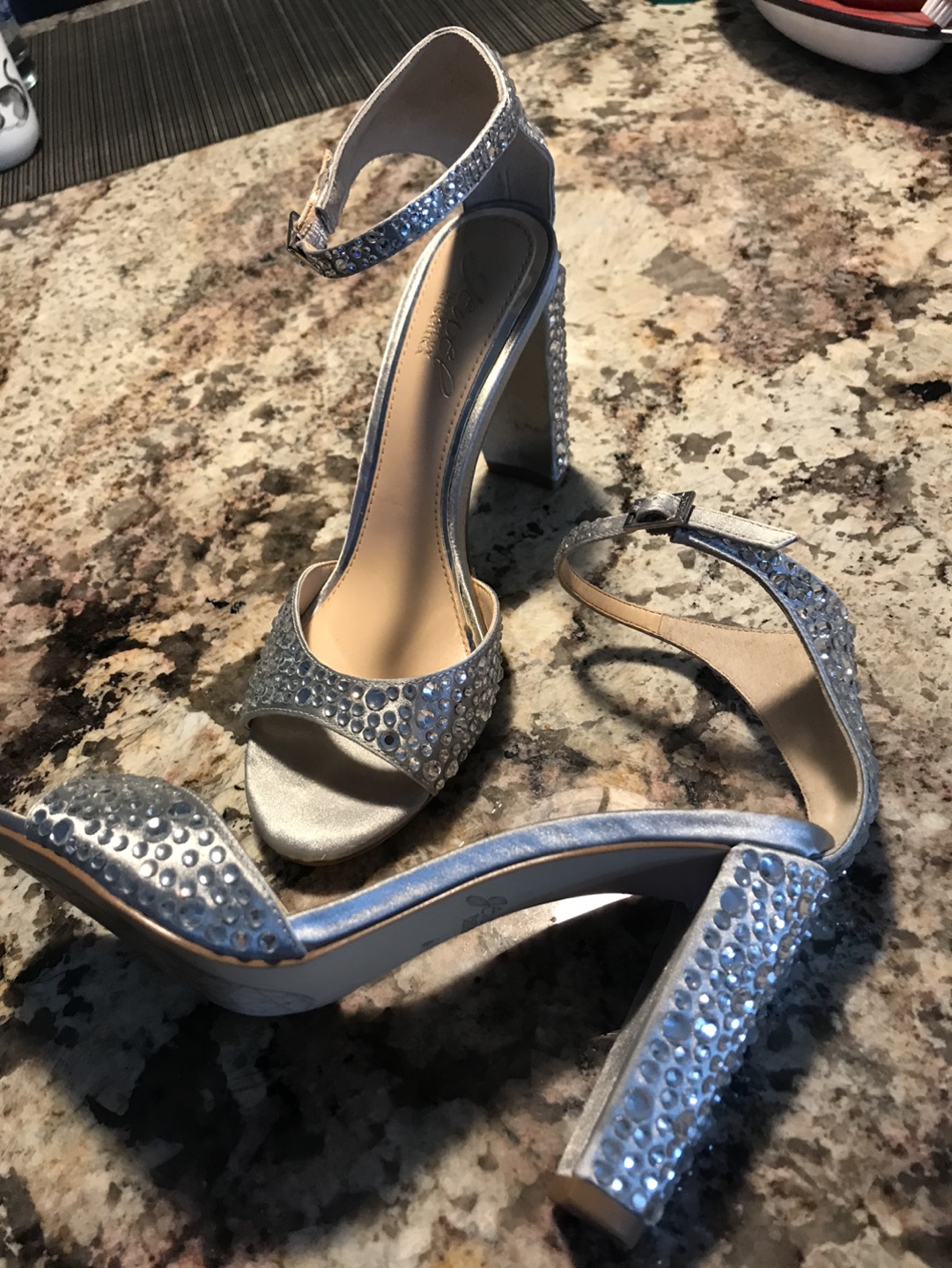 Silver Rhinestone Block Heel Sandals